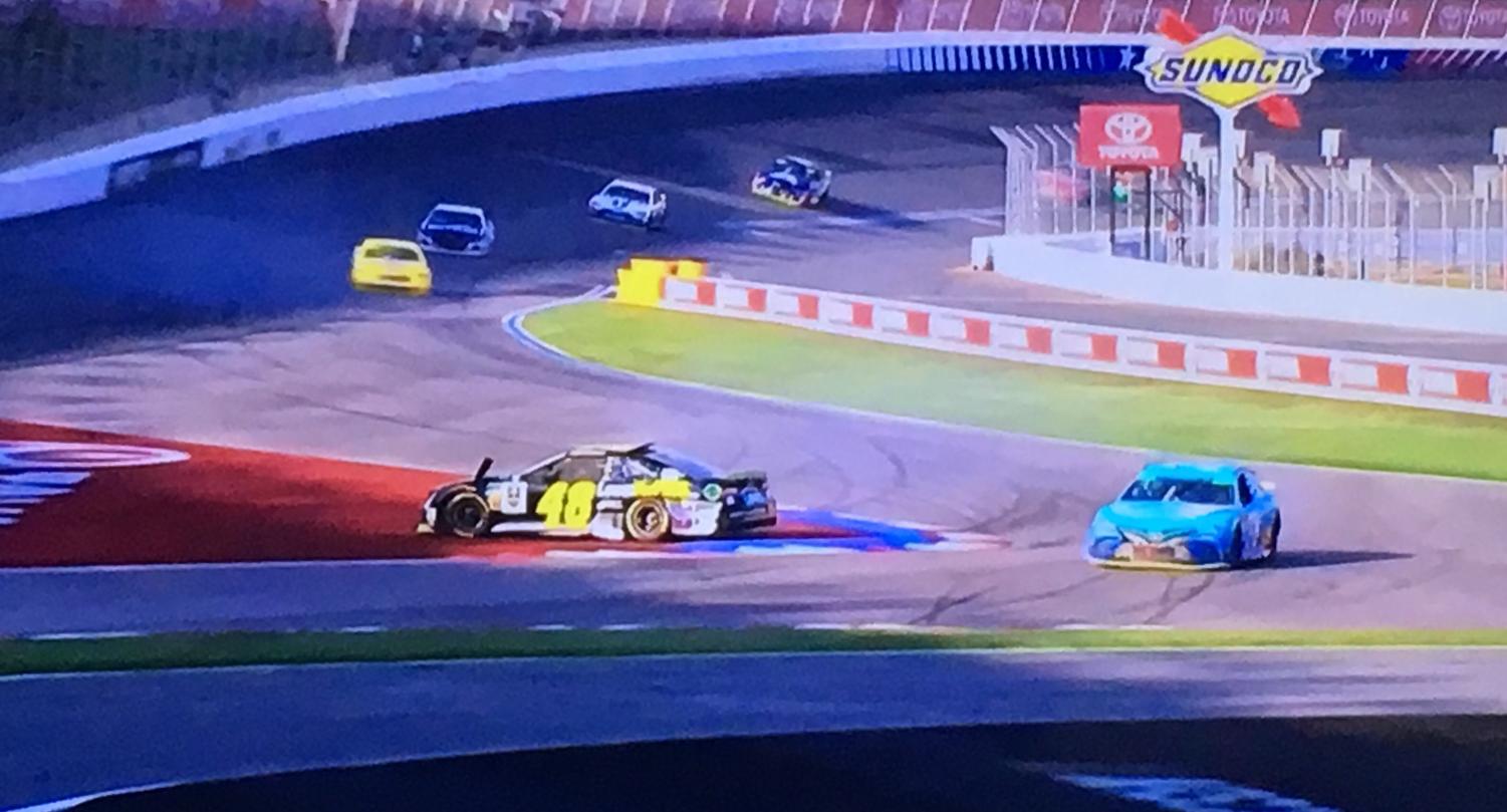 Jimmie Johnson’s #48 spins across turn 16 on the final lap, which ended up spinning into the light blue #78 of Martin Truex Jr.