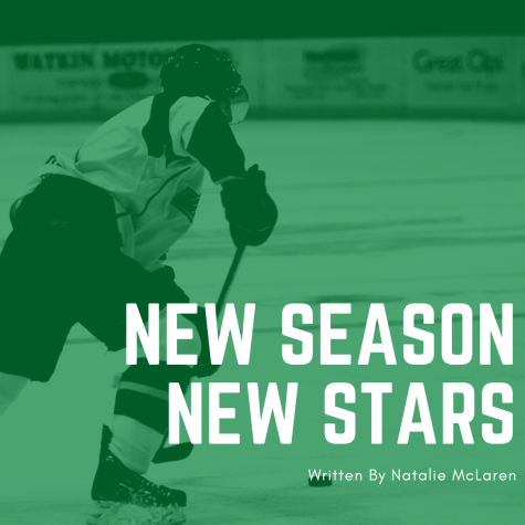 A green image with a hockey player with bold white text that reads New Season New Stars with a white subtitle that reads Written By Natalie McLaren