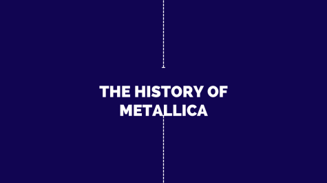 A graphic with a blue background with white text that reads The History Of Metallica