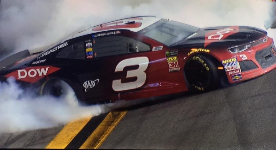 Dillon burns out on frontstretch after winning the Daytona 500.
